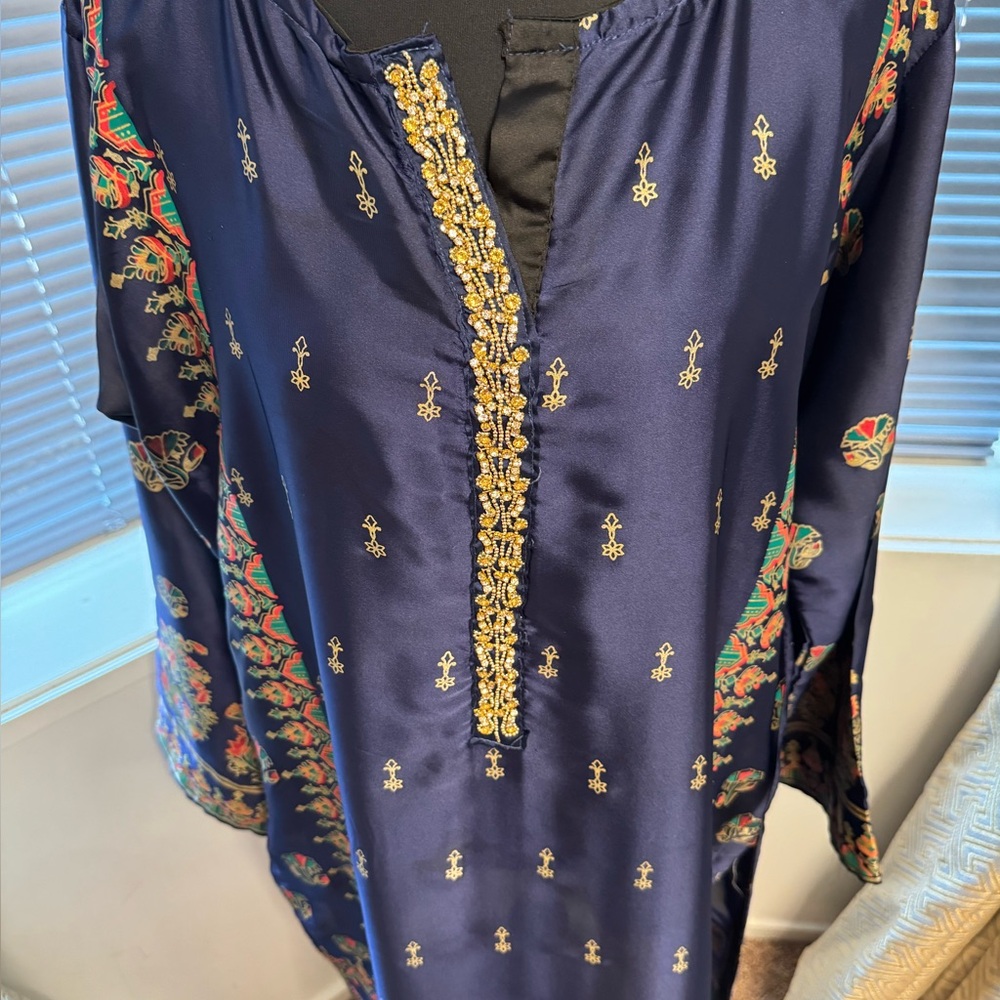 Elegant Navy Embroidered Women's Pakistani silk shirt